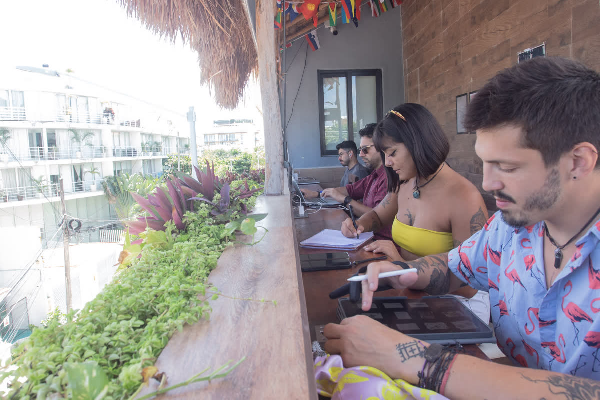 Digital nomad workspace at Maui Hostels Playa del Carmen