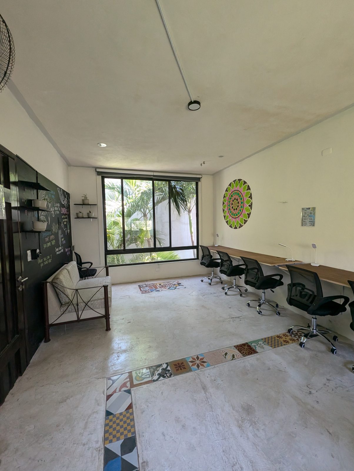 Maui Working Place coworking space with chalkboard wall — Maui Hostels Tulum